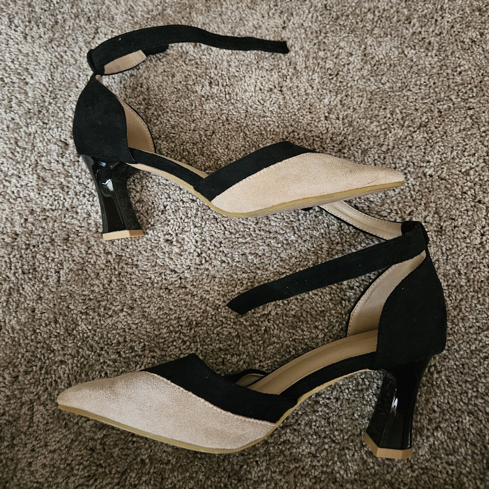 Faux Suede Black and Tan Heels With Ankle Strap NWOT